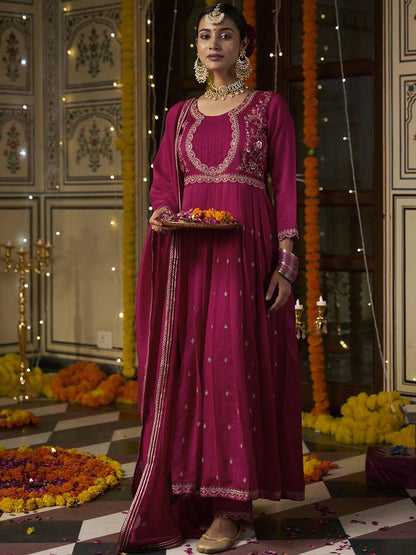 Dhiyona CH Women Ethnic Motifs Embroidered Pleated Sequinned Kurta with Trousers & With Dupatta