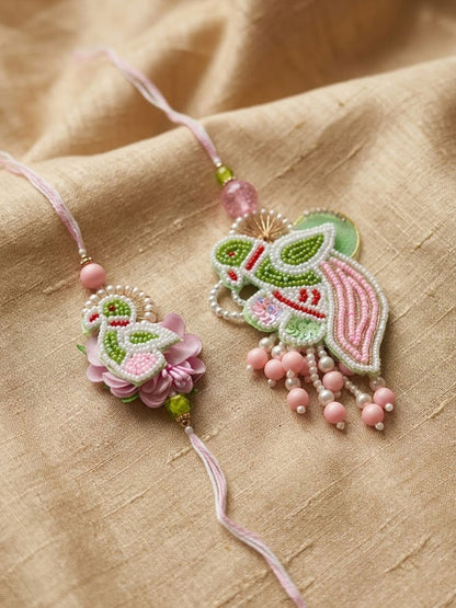 Dhiyona Set Of 2 Leaf Design Pearls & Artificial Stones Bhaiya Bhabhi Rakhi With Roli Chawal