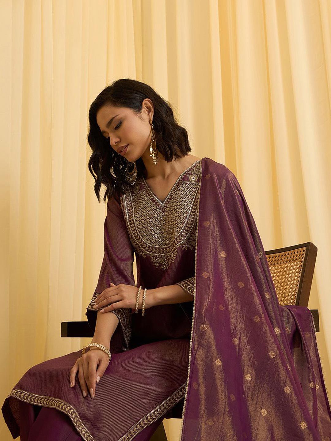 Dhiyona CH Women Ethnic Motifs Embroidered Regular Sequinned Kurta with Palazzos & Dupatta