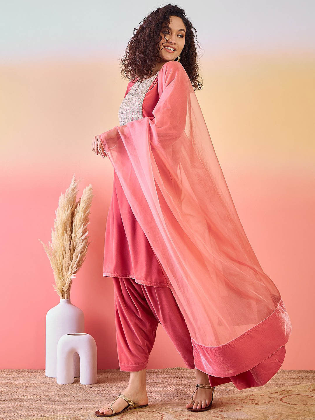 Floral Yoke Design Sequinned Round Neck Velvet Straight Kurta & Salwar & Dupatta