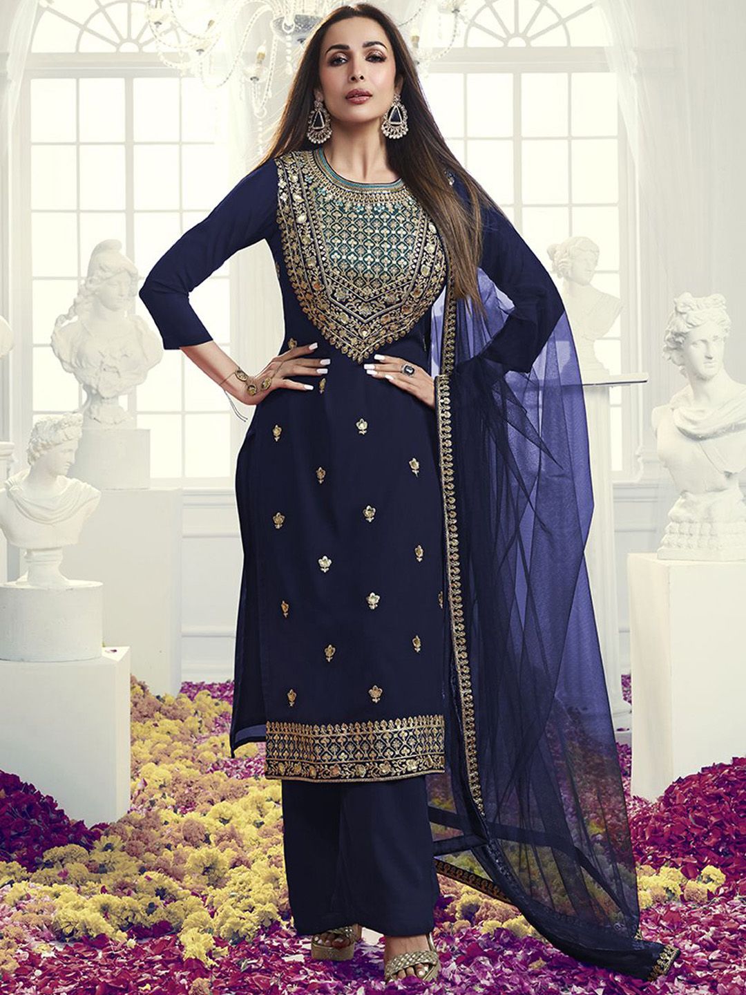 Dhiyona IN Navy Blue Floral Embroidered Sequinned Georgette Kurta with Palazzo & Dupatta