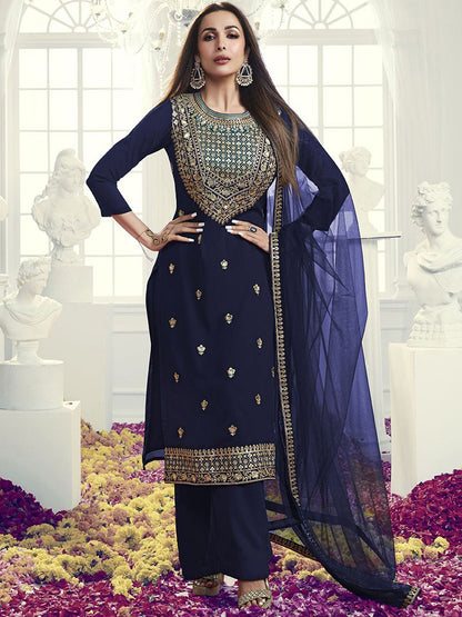 Dhiyona IN Navy Blue Floral Embroidered Sequinned Georgette Kurta with Palazzo & Dupatta