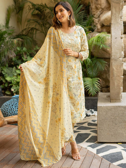 Dhiyona KL Floral Printed Sequinned Pure Cotton Kurta with Trousers & Dupatta