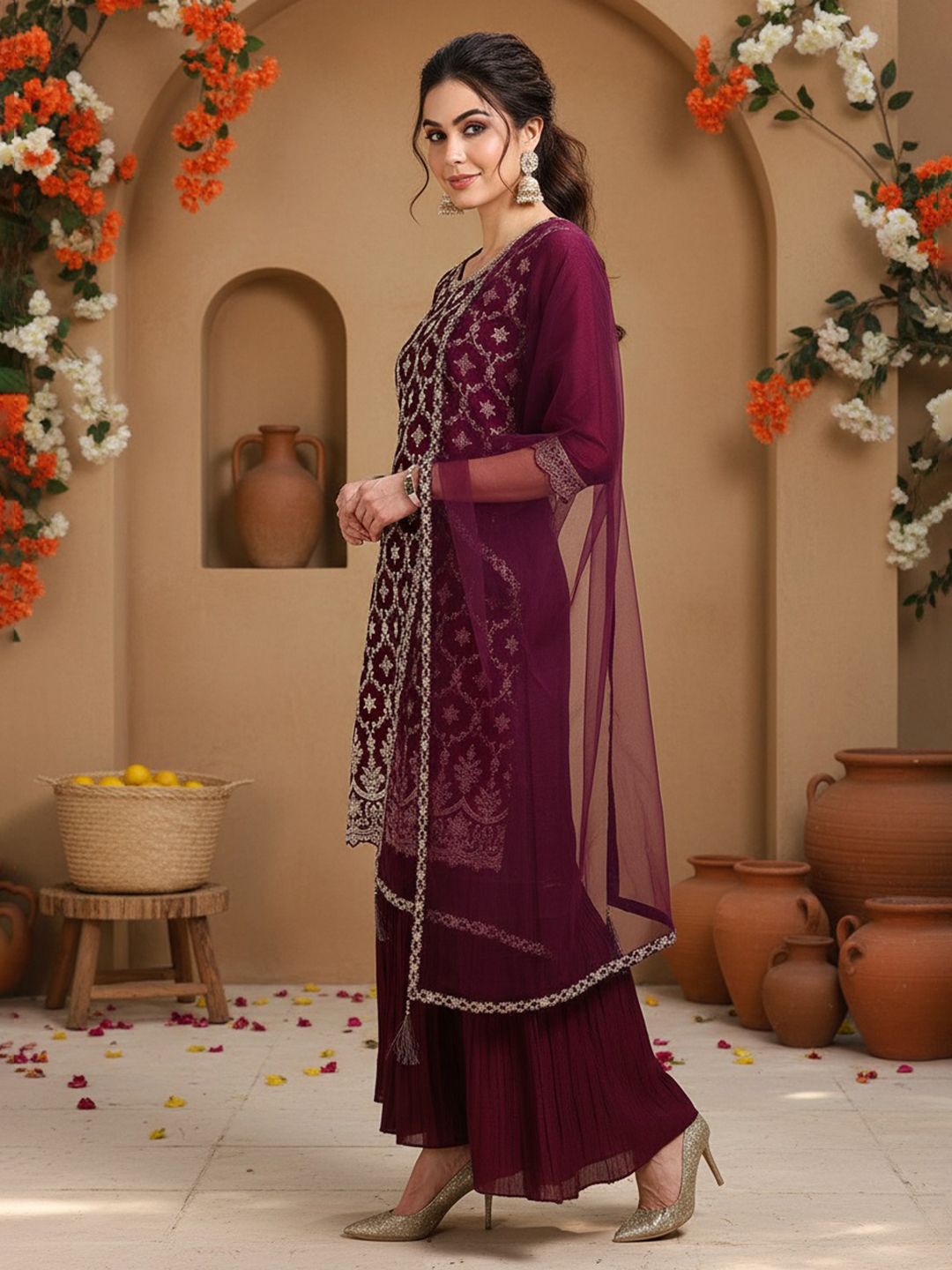 Dhiyona KL Ethnic Motifs Embroidered Regular Kurta with Sharara & With Dupatta