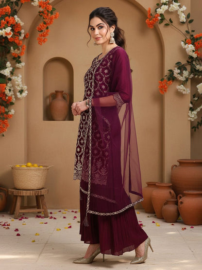 Dhiyona KL Ethnic Motifs Embroidered Regular Kurta with Sharara & With Dupatta