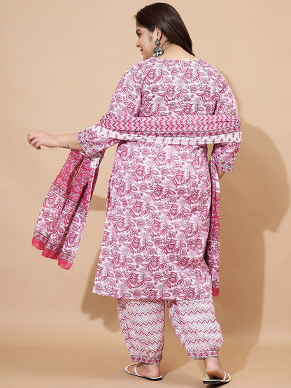 Dhiyona KL Floral Printed Regular Pure Cotton Straight Kurta With Trousers & Dupatta