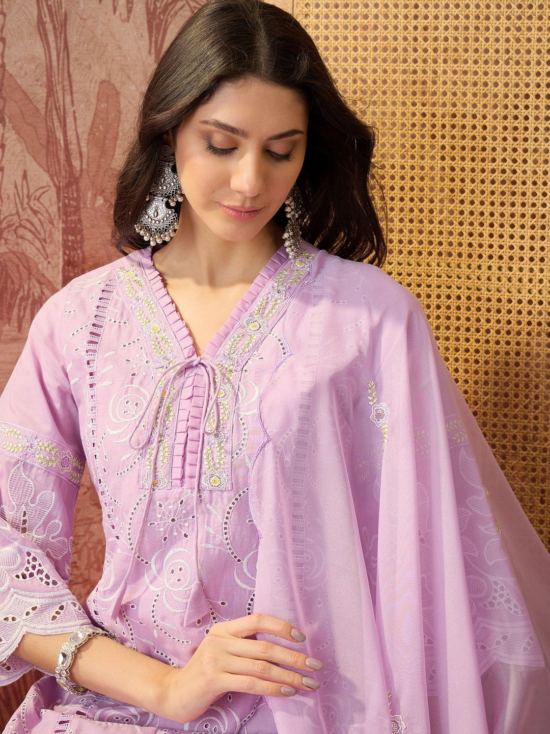 Embroidered Pure Cotton V-Neck Kurti & Trousers Kurta Set