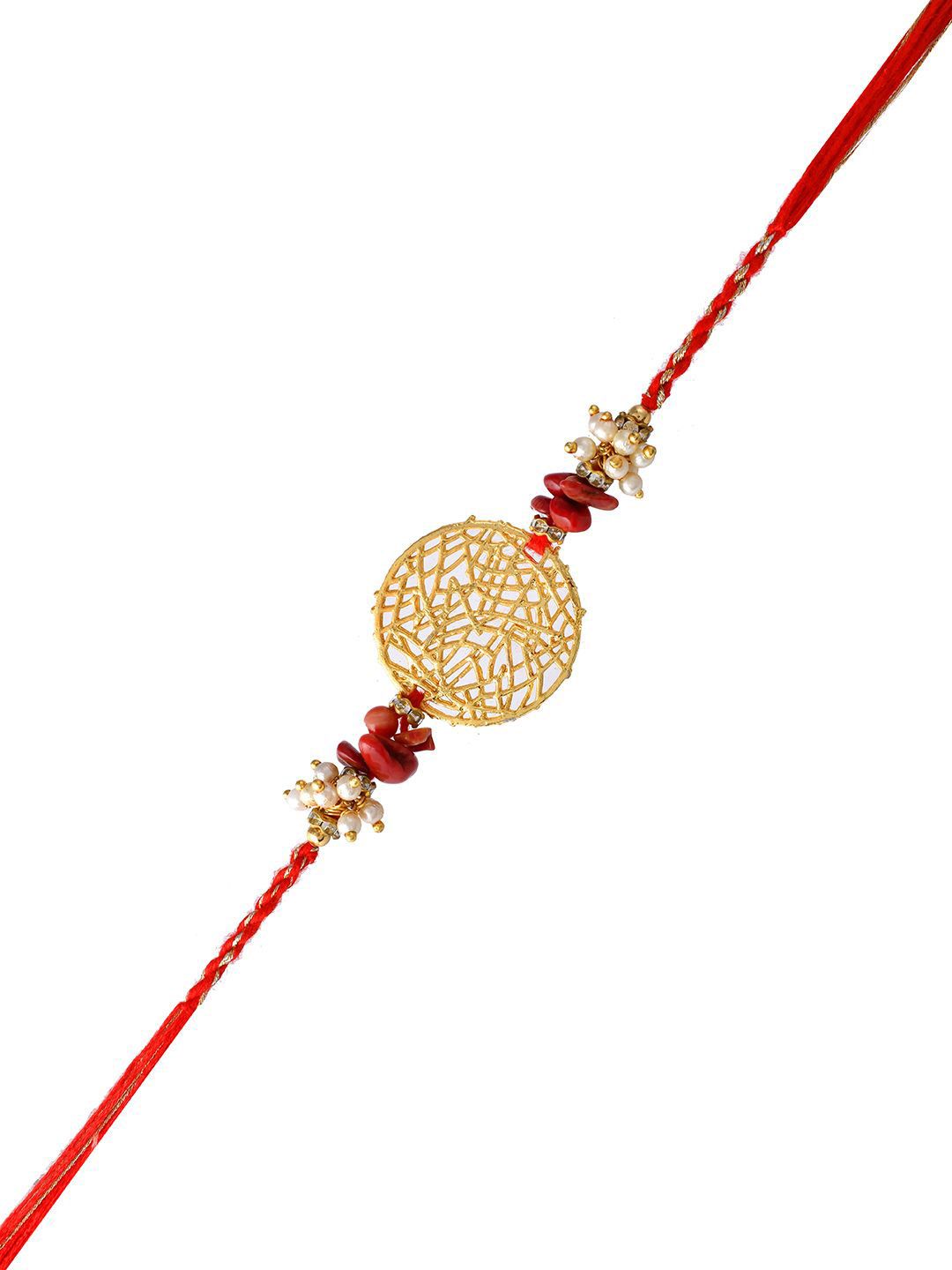 Dhiyona Gold-Toned Pearl-Beaded Rakhi With Roli Chawal & Greeting Card