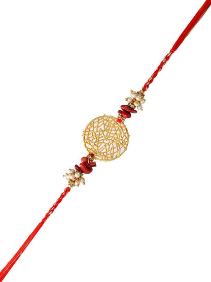 Dhiyona Gold-Toned Pearl-Beaded Rakhi With Roli Chawal & Greeting Card