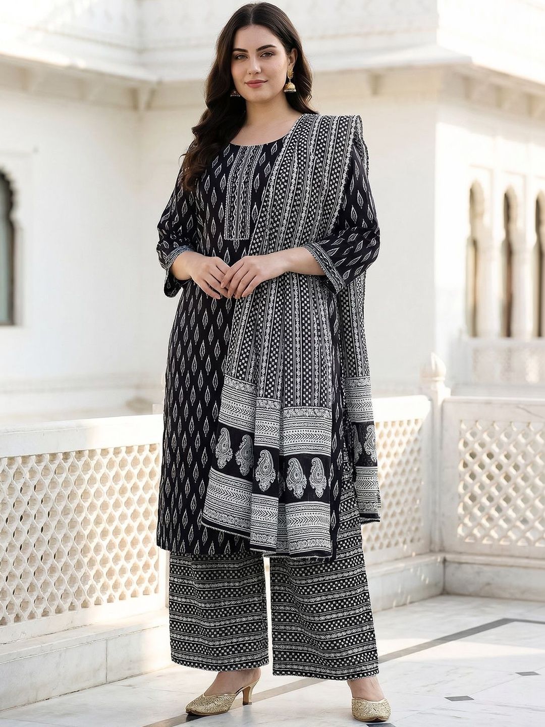 Dhiyona Women's Ethnic Motifs Printed Regular Pure Cotton Kurta with Palazzos & With Dupatta