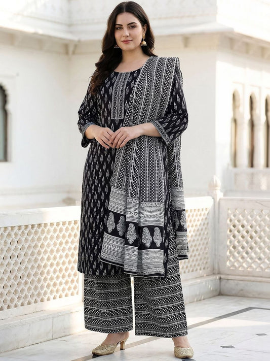 Dhiyona Women's Ethnic Motifs Printed Regular Pure Cotton Kurta with Palazzos & With Dupatta
