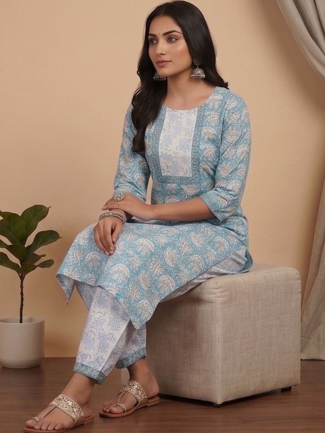 Blue Women Floral Printed Regular Kurta with Patiala & With Dupatta