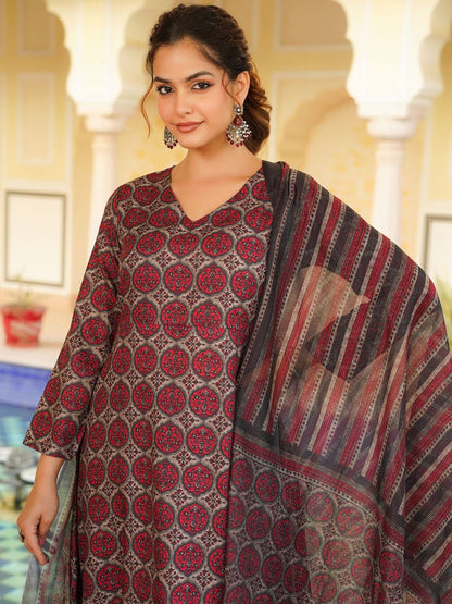 Dhiyona KL Floral Printed V-Neck A-Line Kurta with Palazzos And Dupatta