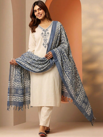 Embroidered Pure Cotton V-Neck Kurta & Trousers With Dupatta