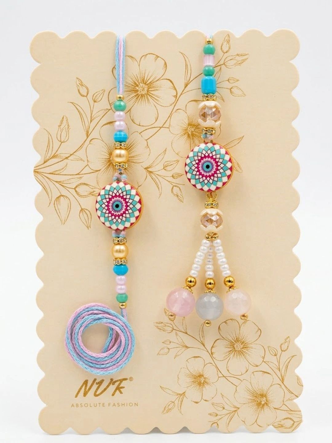 Dhiyona Set Of 2 Floral Design Bhaiya Bhabhi Rakhi With Roli Chawal Chandan Mishri