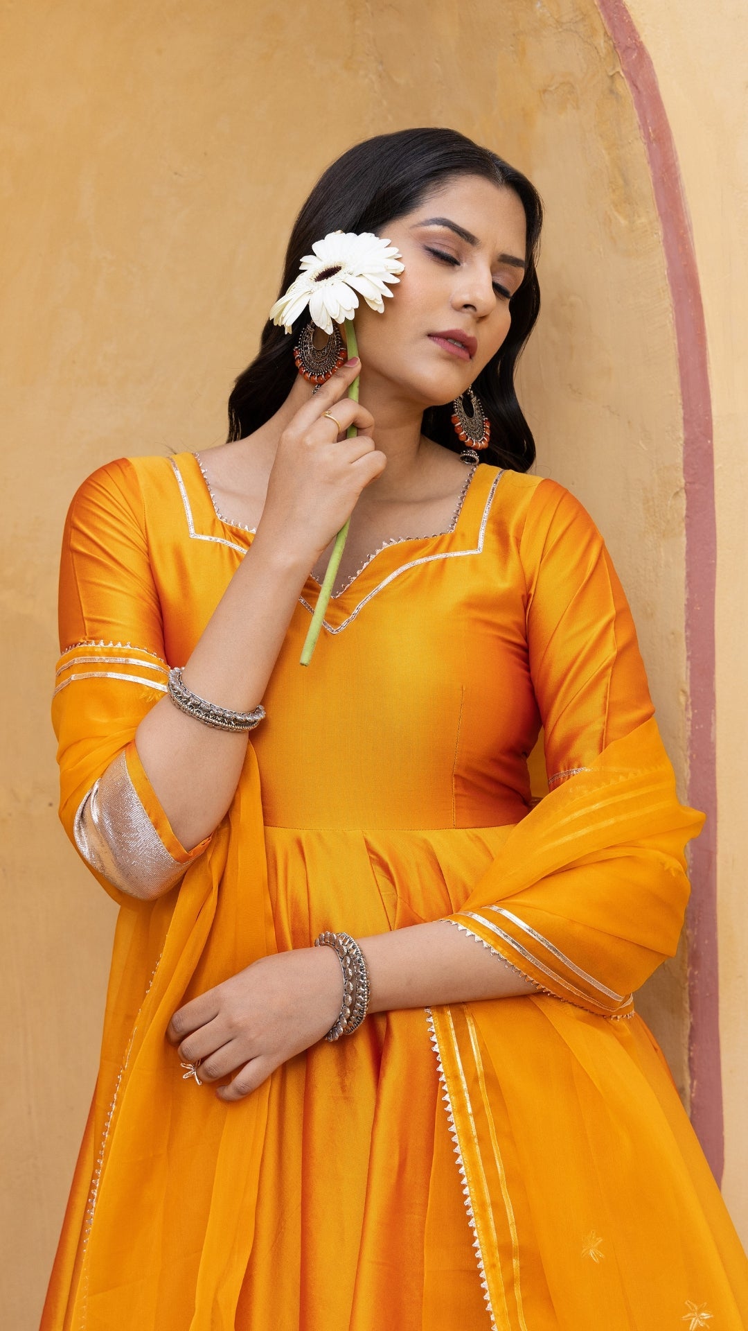 Amber Orange Taffeta Silk Anarkali Set