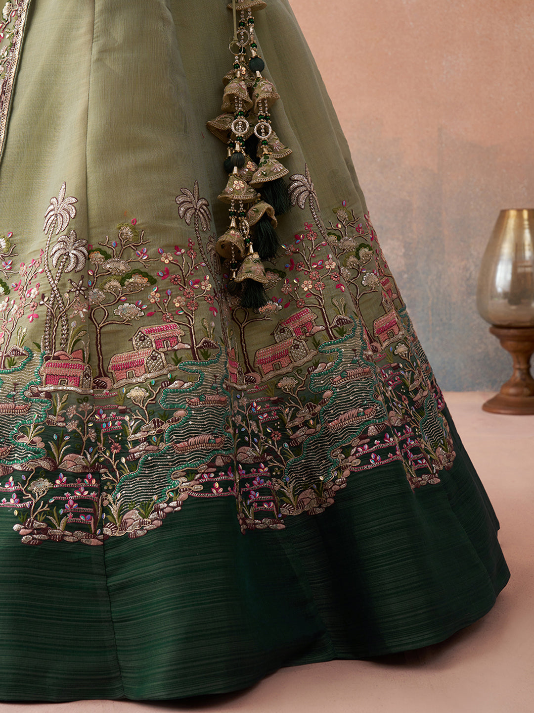 Green- Net Sequins Embroidered Omber Green and LimeGreen Semi-Stitched Lehenga choli & Dupatta