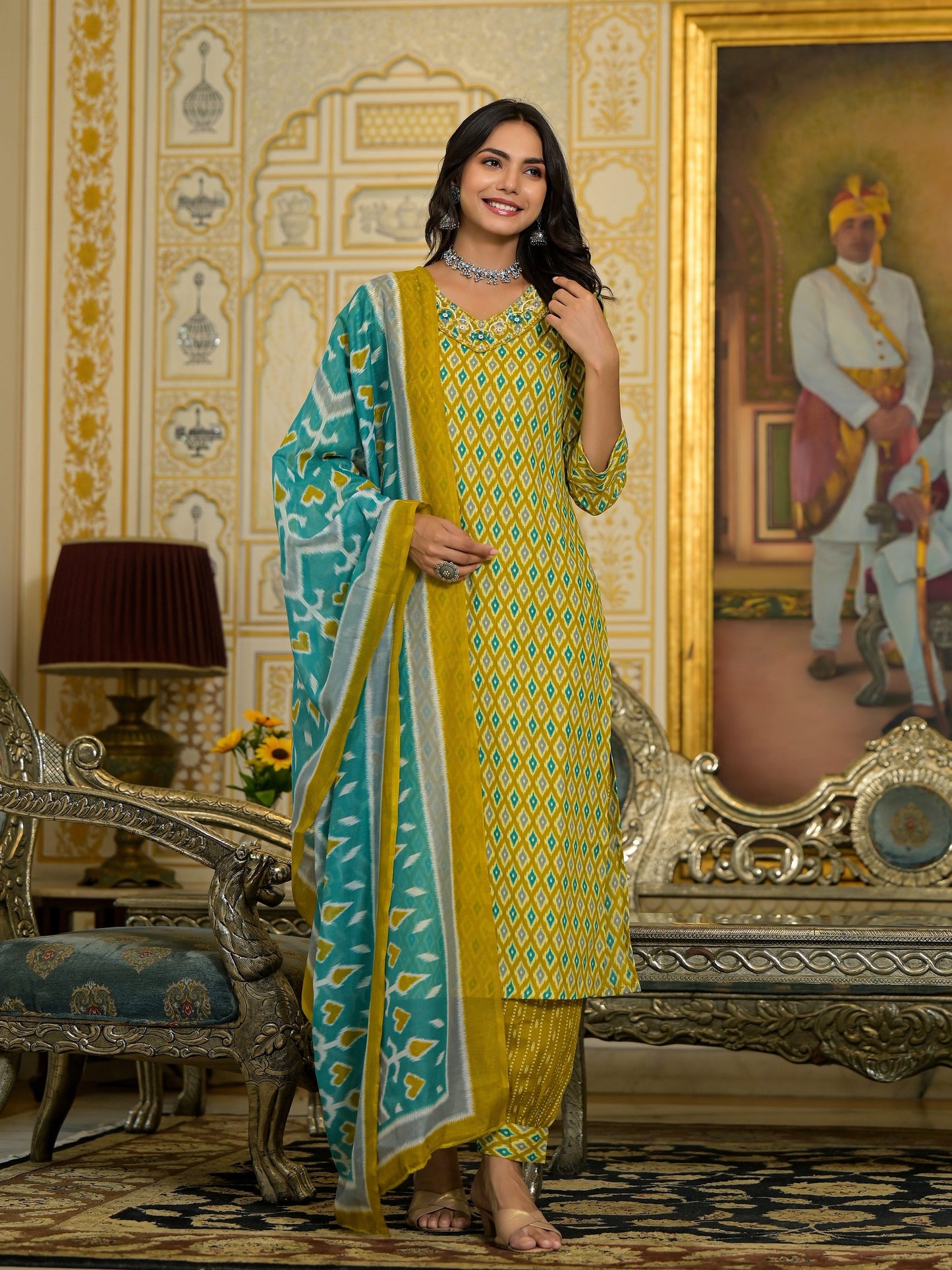 Women Green Embroidery Viscose Rayon Kurta, Pant And Dupatta Set