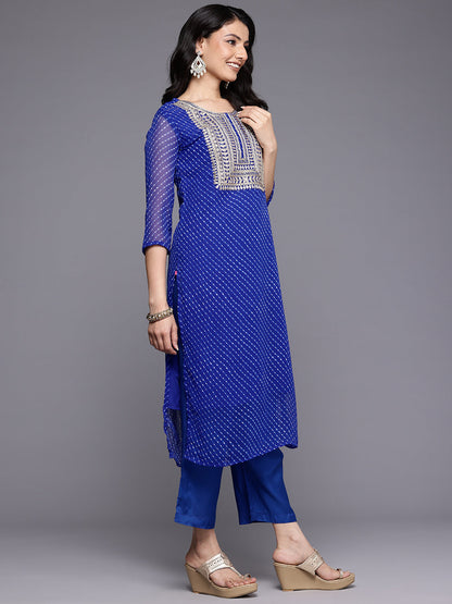 Dhiyona VR Women's Navy Blue Bandhani Zari Emboridered Kurta Set With Dupatta
