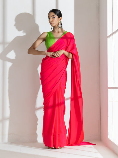 Dhiyona ST Hot Pink Satin Saree with Rainbow Beads and Green Sequin Blouse Fabric