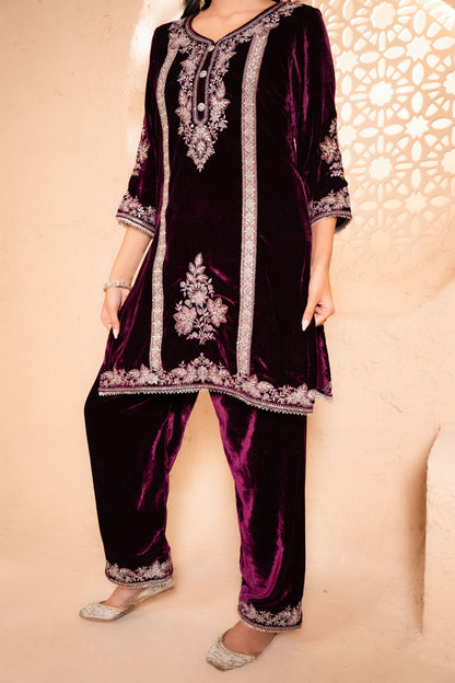 Zariya Silk Velvet Embroidered Wine  Suit Set