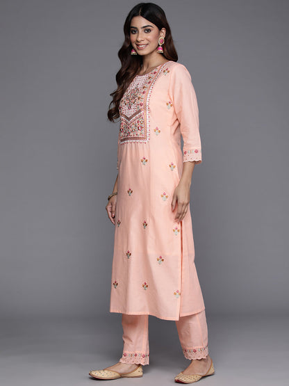 Dhiyona VR Women's Peach Thread And Sequins Embroidered Kurta With Tonal Bottom And Dupatta