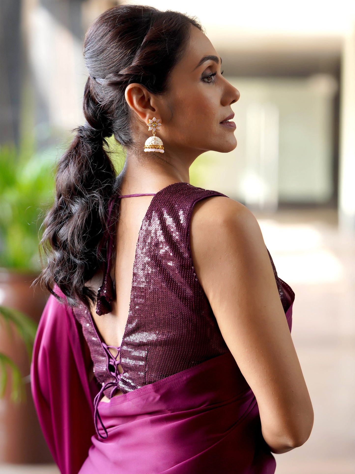 Dhiyona ST Pre-Draped 1-Minute Wine Satin Saree With Self Fabric Blouse