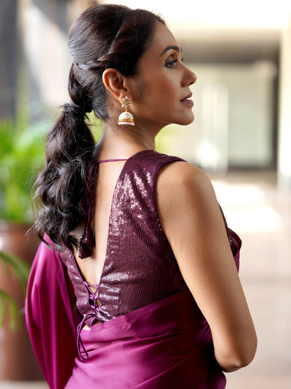 Dhiyona ST Pre-Draped 1-Minute Wine Satin Saree With Self Fabric Blouse