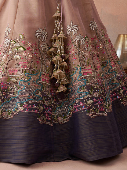 Purple- Net Sequins Embroidered Omber Purple and Mauve Semi-Stitched Lehenga choli & Dupatta