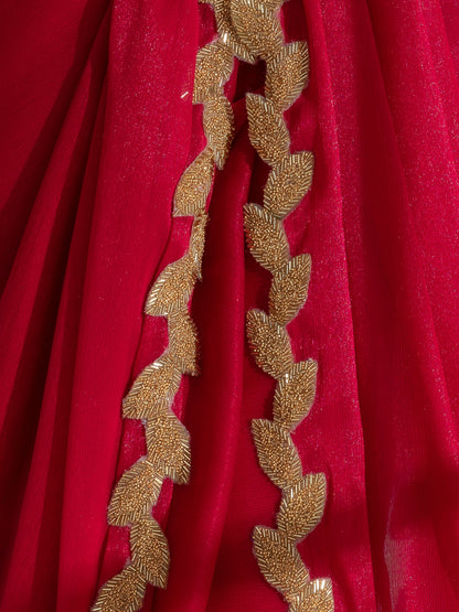 Dhiyona ST Vermilion Red Shimmer Chiffon Saree with Leaf Beaded Lace and Self Blouse Fabric