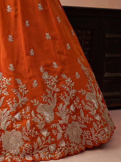 Orange- Tissue Sequinned with Zari Embroidered Semi-Stitched Lehenga & Unstitched Blouse With Dupatta