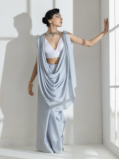 Dhiyona ST Quartz Grey Crepe Saree with beads and self Blouse fabric