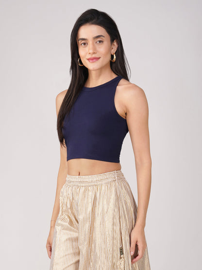 Dhiyona ST Women's Stretchy Knitted Halter Neck Blue Crop Top