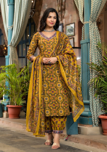 Women Yellow Embroidery Viscose Rayon Kurta, Pant And Dupatta Set