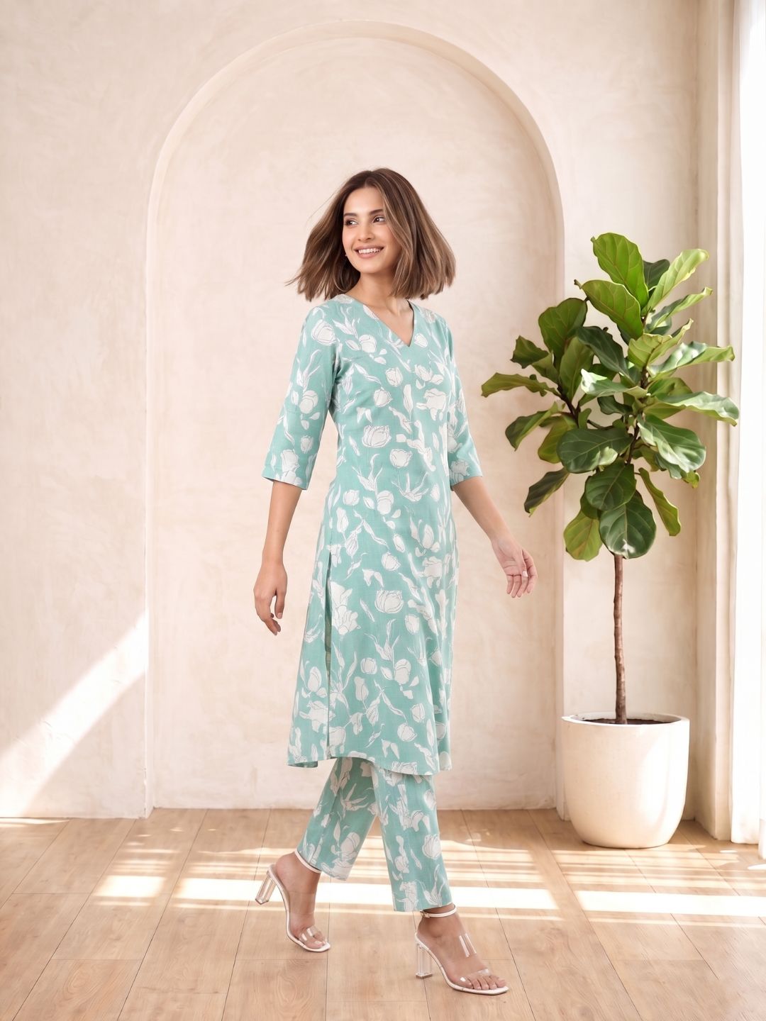 SASHA MINTY PRINTED COTTON KURTA PANT SET