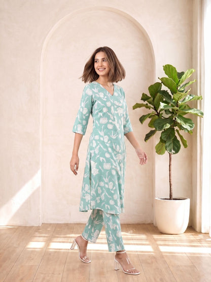 SASHA MINTY PRINTED COTTON KURTA PANT SET
