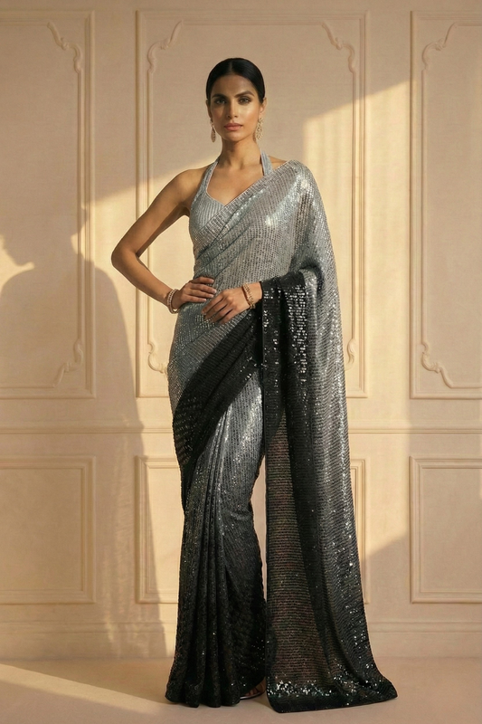Dhiyona ST Black and Grey Ombre' Knitted Sequin Saree with Blouse Fabric