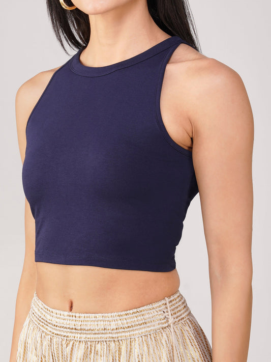Dhiyona ST Women's Stretchy Knitted Halter Neck Blue Crop Top
