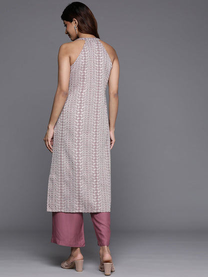 Dhiyona VR Women's Mauve Woven Design Sleeveless Kurta, Paired With Solid Bottom