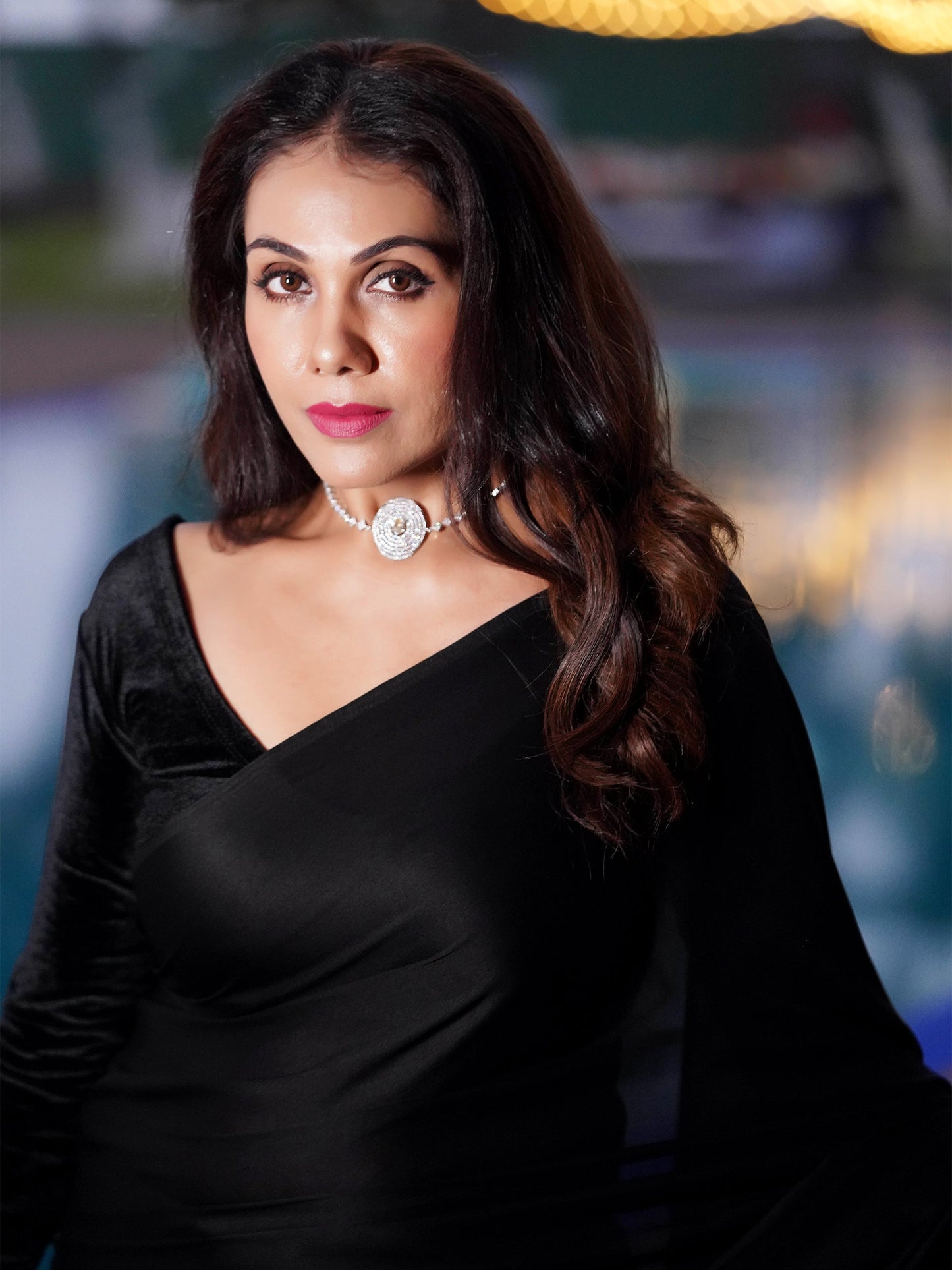 Dhiyona ST Pre-Draped 1-Minute Black Satin Saree with Big diamonds  and Blouse Fabric