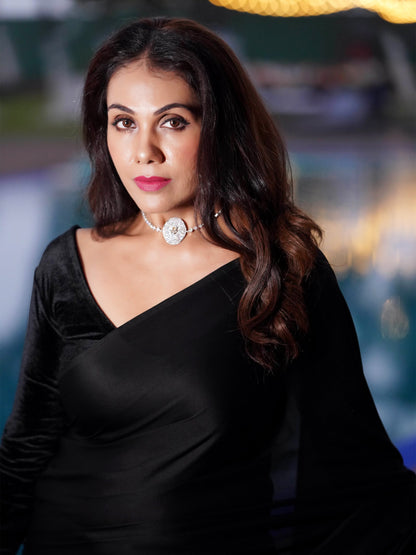 Dhiyona ST Pre-Draped 1-Minute Black Satin Saree with Big diamonds  and Blouse Fabric
