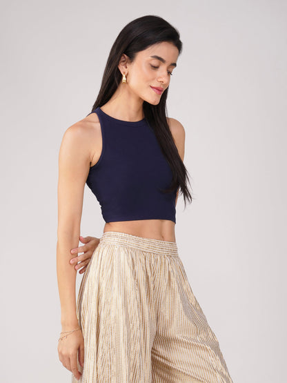 Dhiyona ST Women's Stretchy Knitted Halter Neck Blue Crop Top