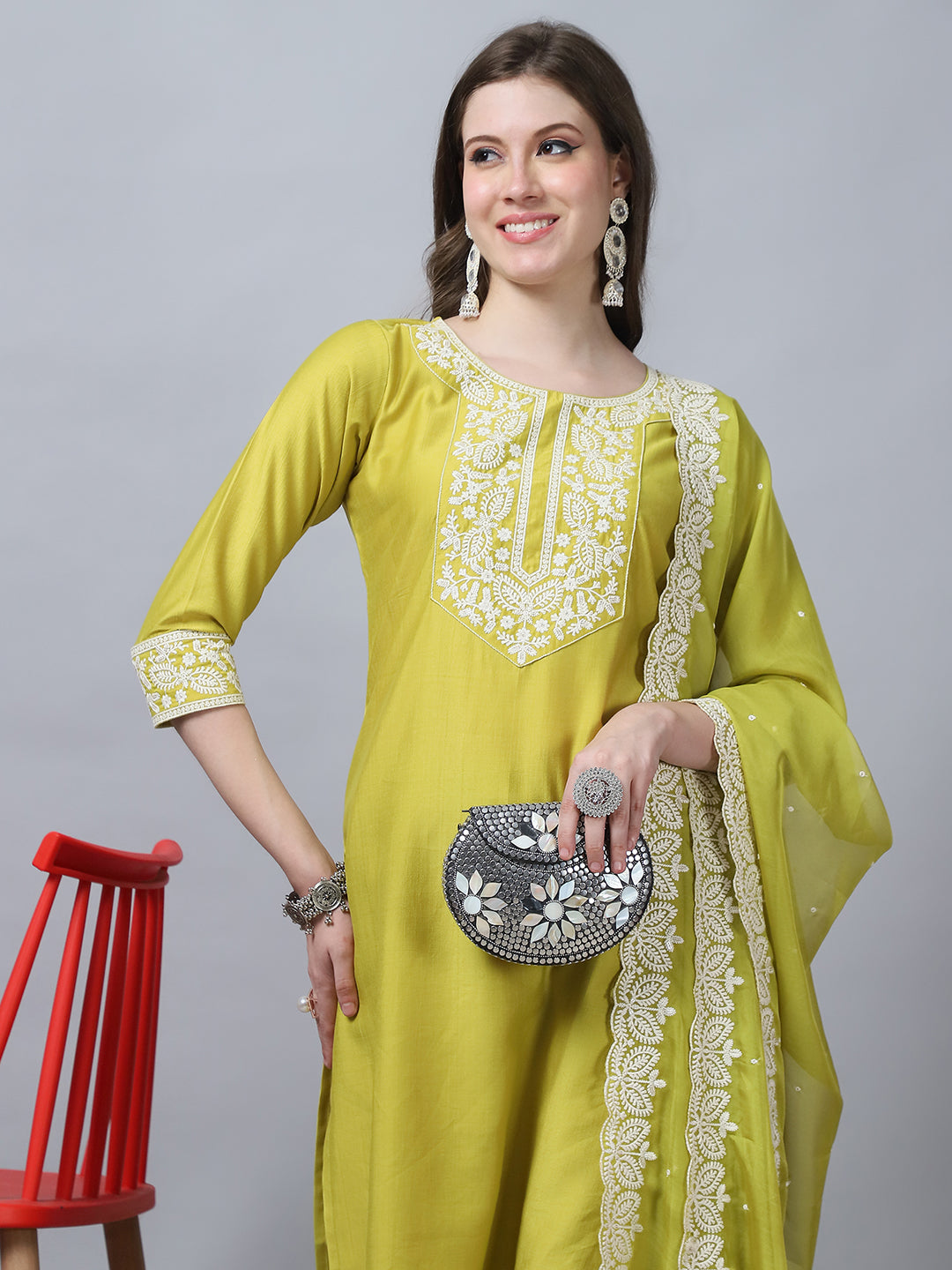 Women's Yellow Embroidery  silk  Kurta, Pant And Dupatta Set