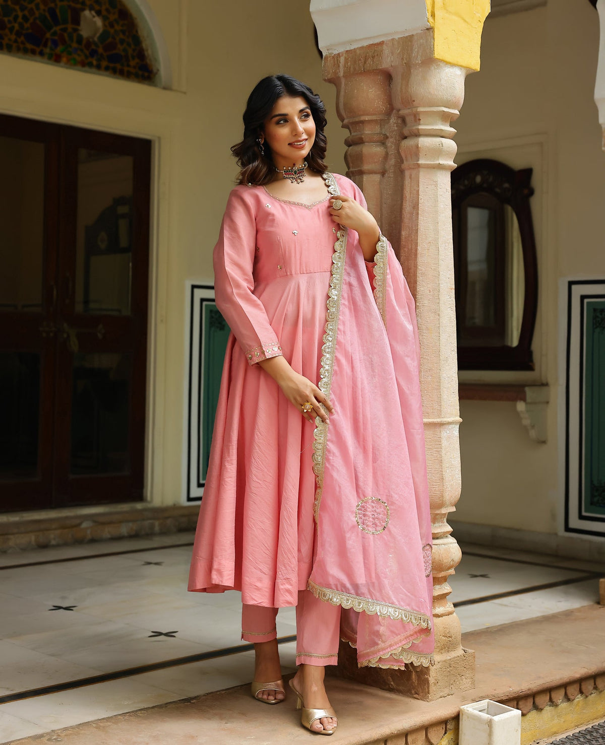 Leher Rose Pink Chanderi Suit Set