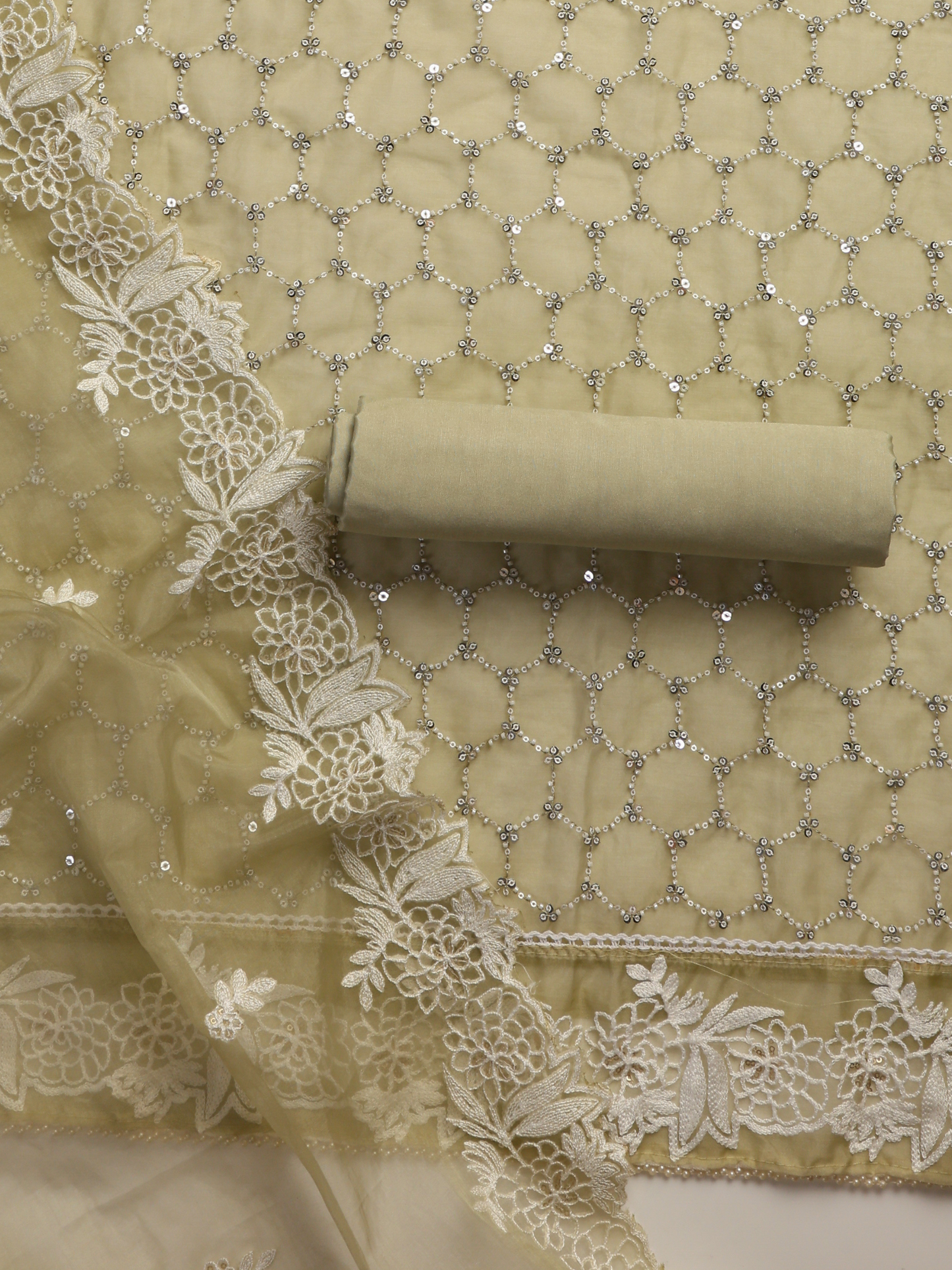 Dhiyona ST 3 Pc Unstitched Suit SET - Fawn Beaded and Embroidered Organza Kurta and Border Dupatta with Cotton Pyjama