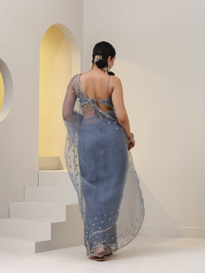 Dhiyona ST Blue Cloud Hand Embroidered Saree with Blouse Fabric