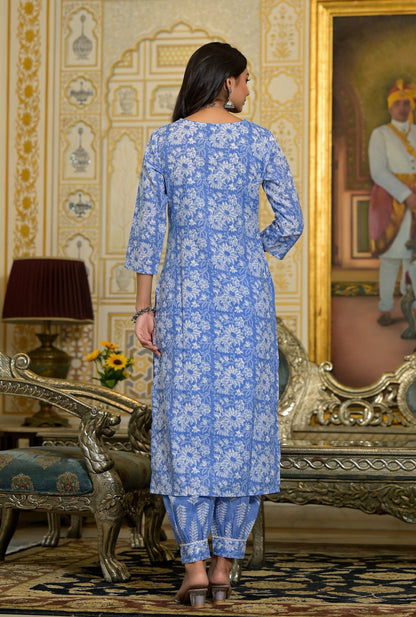 Women Blue Embroidery Viscose Rayon Kurta, Pant And Dupatta Set