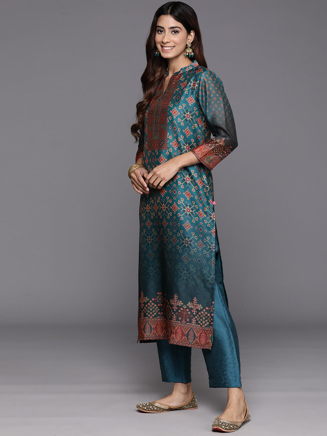 Dhiyona VR Women's Patola Printed, Teal & Beige Mandrin Collar ,Straight Kurta With Solid Bottom And Printed Dupatta