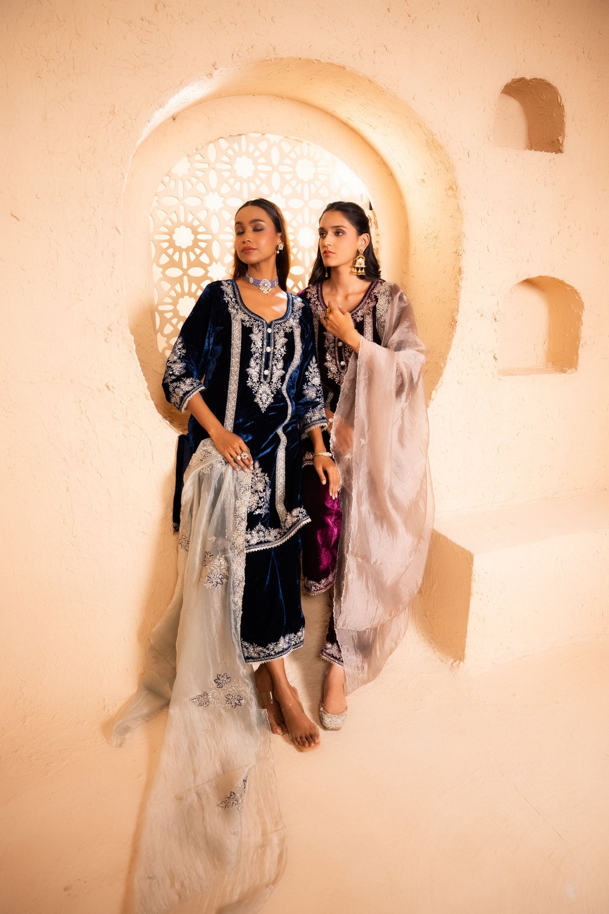 Zariya Silk Velvet Embroidered Navy Blue  Suit Set