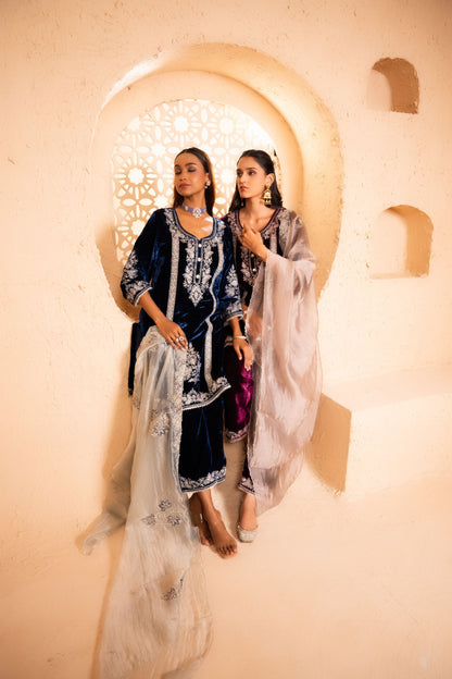 Zariya Silk Velvet Embroidered Navy Blue  Suit Set